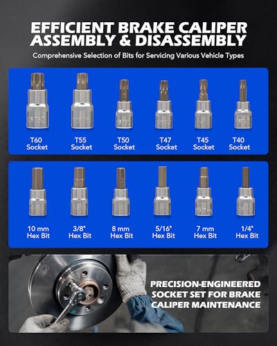 OMT 34pc Master Brake Caliper Tool Kit with 11 Adapters and Line Cutter | 1045 and 50BV30 Steel; Nickel Chrome Plating; Piston Compressor Set for Mechanics; Swivel Pad Spreader; Brake Maintenance