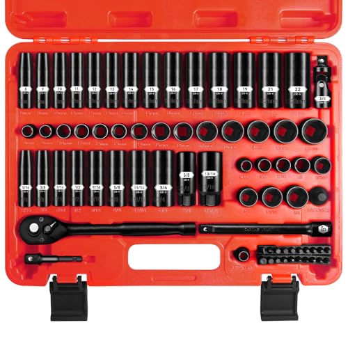 3/8 Inch Drive Impact Socket Set, 72 PCS Standard SAE(5/16"- 3/4") & Metric(8-22mm) With Spark Plug, 6 Point Deep & Shallow, 72T Wrench Ratchet Tool Kit, Cr-V With Heavy Duty Storage Case