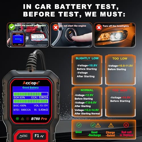 BT60 PRO Car Battery Tester 6V/12V/24V, 2–120Ah, 100–3000 CCA, AGM/Gel/Lithium, Digital Analyzer, QR Cloud Report (No App), Alternator & Starter/Charging System - color: Black-Red