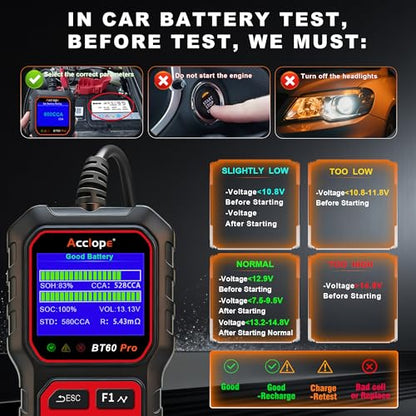 BT60 PRO Car Battery Tester 6V/12V/24V, 2–120Ah, 100–3000 CCA, AGM/Gel/Lithium, Digital Analyzer, QR Cloud Report (No App), Alternator & Starter/Charging System - color: Black-Red