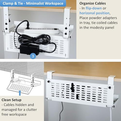 AEONS Universal Under Desk Cable Management Tray-Clamp Mount Hinged Swing Modesty Panel Organizer for Office Desks Easy Access Flip-Down position Power Strip Cord Storage No-Drill 25 lb Capacity White - style: 16" Swing, White