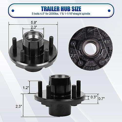 2 Sets Trailer Hub Kit, 5 on 4.5" Bolt Pattern for 2000 lbs Axles, Includes 1" & 1-1/16" Straight Spindle Bearings L44643 L44649, Rust-Resistant Coating, Complete Idler Hub Hardware - size: 5 on 4.5" 2000 lbs