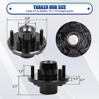 2 Sets Trailer Hub Kit, 5 on 4.5" Bolt Pattern for 2000 lbs Axles, Includes 1" & 1-1/16" Straight Spindle Bearings L44643 L44649, Rust-Resistant Coating, Complete Idler Hub Hardware - size: 5 on 4.5" 2000 lbs