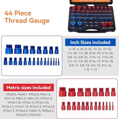 44PCS Nut and Bolt Thread Checker Standard 23 Inch & 21 Metric Bolt Nut Thread Measure Gauge Checker Box Set Bolt Size Finder for Size Check on Tricky and Narrow Area