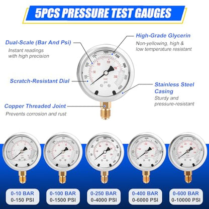 Hydraulic Pressure Test Kit with Storage Case | 5 Gauges 10-600 Bar/150-10000 PSI, 13 Couplings, 14 Connectors, 5 Hoses, Hydraulic Test Kit for Excavator & Construction