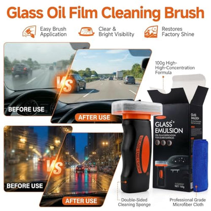 Glass Cleaner for Car Windshield - Oil Film Remover, Glass Emulsion Cleaner Kit with Microfiber Towel, Car Window Cleaner Removes Road Film Water Spots, Windshield Glass Guard Protection (100g)