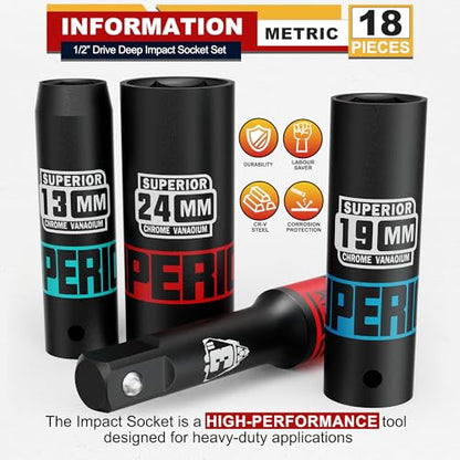 18 Piece 1/2" Drive Impact Socket Set, 10 mm - 24 mm Deep Socket, with Extension Bars:3-inch, 5-inch, 10-inch, Metric, 6-Point, CR-V Steel, Automotive Maintenance, Machinery Manufacturing - size: 1/2" Large Metric