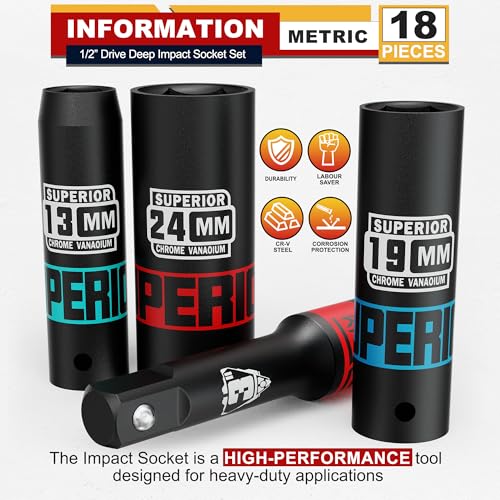 18 Piece 1/2" Drive Impact Socket Set, 10 mm - 24 mm Deep Socket, with Extension Bars:3-inch, 5-inch, 10-inch, Metric, 6-Point, CR-V Steel, Automotive Maintenance, Machinery Manufacturing - size: 1/2" Large Metric