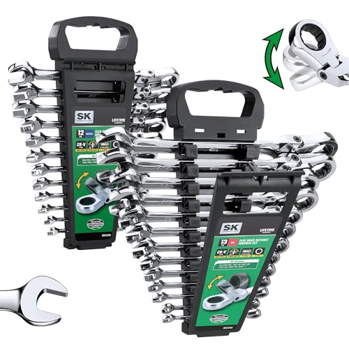 SK Flex-Head Ratcheting Wrench Set, Combination Wrench Set, 25-Piece, SAE 1/4" to 1", Metric 8 to 19mm, 72-Tooth, Premium CR-V Construction, with Rack Organizer - size: Metric&SAE