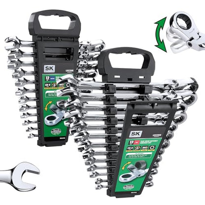 SK Flex-Head Ratcheting Wrench Set, Combination Wrench Set, 25-Piece, SAE 1/4" to 1", Metric 8 to 19mm, 72-Tooth, Premium CR-V Construction, with Rack Organizer - size: Metric&SAE