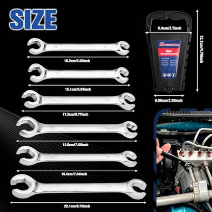 SPEEDWOX 6PCS Flare Nut Wrench Set Double-End Metric Size from 9mm to 21mm 15 Degree Offset Double Open End 45# Steel with Storage Rack for Automotive Brake Line, Fuel Line & Plumbing