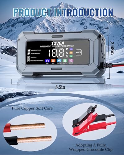 Car Battery Charger Automatic Trickle Charger and Battery Maintainer with Pulse Repair Digital Display Trickle Charger for Car Battery 12V6A Auto Battery Charger for AGM Motorcycle LiFePO4 Batteries - color: Gray
