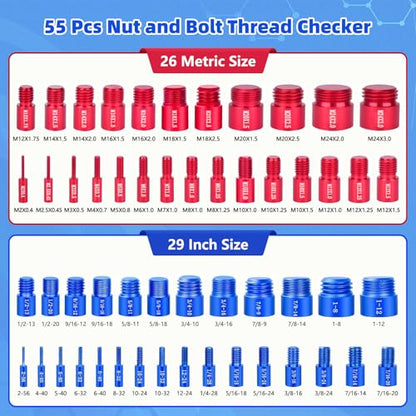 Nut and Bolt Thread Checker Set, 55 Pcs Thread Checker Tool (25 Metric & 30 SAE), Bolt Thread Gauge & Size Finder, Bolt and Nut Identifier with Storage Case for Mechanics Garage