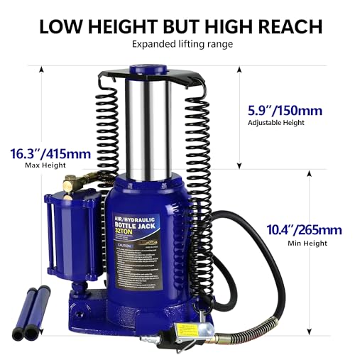 Air Hydraulic Bottle Jack, 32 Ton All Welded Bottle Jack, Air-Operated Low Profile Bottle Jack with Handle, Lifting 10.4-16.3", Bottle Jack for Sedans SUV Travel Trailer Minivan Bus RV Blue - size: 32 T-Blue