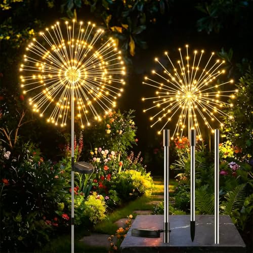 Solar Firework Lights Outdoor, Adjustable 32" to 51" Extra Tall, 200 LED Stainless Steel 3-Section Pole, 8 Modes Waterproof Starburst Garden Lights for Yard Pathway Walkway Decor(Warm White 2 Pack) - color: Warm White, size: 2 Pack