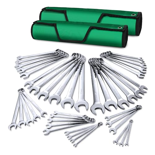 SK Combination Wrench Set, Metric 6 to 32mm, SAE 1/4" to 1-1/4", 42-Piece | SuperKrome Finish, Drop Forged Premium CR-V Steel, 12-Point Wrenches, 15-Degree Offset, with Rolling Pouch - size: Metric&SAE (6 to 32mm & 1/4" to 1-1/4")