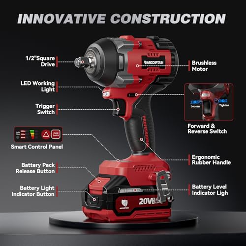 ARCCAPTAIN Cordless Impact Wrench, 1500N.m (1106Ft-lbs) 1/2" High Torque Impact Gun, 15C High-Rate 2x4.0Ah Batteries, 20V Power Impact Driver, Supports Up to 40mm Socket for Heavy Truck/Car/Pickup