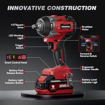 ARCCAPTAIN Cordless Impact Wrench, 1500N.m (1106Ft-lbs) 1/2" High Torque Impact Gun, 15C High-Rate 2x4.0Ah Batteries, 20V Power Impact Driver, Supports Up to 40mm Socket for Heavy Truck/Car/Pickup