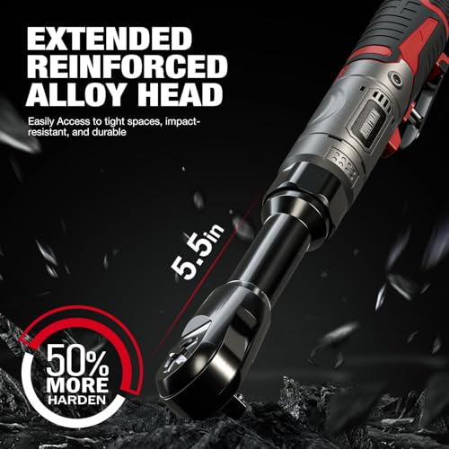 Alloyman 3/8" Cordless Ratchet Wrench Set, 60FT-LBS(80N.m) Electric Ratchet, 12V Extended Power Socket Wrench Set with Variable Speed, 6 Sockets, LED Light, 1/4" Adapter,1/2" Adapter,2 Batteries