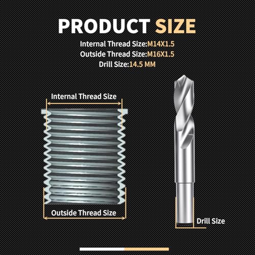 M14X1.5 Thread Repair Kit with Insert HSS Drill, Tap, Counterbore, Installation Driver, Tap Guides, Metric, 10PCS Stainless Steel Insert M14X1.5X17.8MM