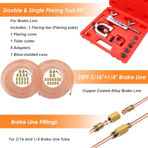 25 ft 3/16 + 1/4 Copper Coated Brake Line Tubing Kit(Includes 44 Fittings and 6 Unions) with Double & Single Flaring Tool Kit - size: 3/16 + 1/4 Inch Gold, style: Brake Line Kit