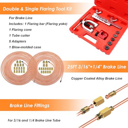 25 ft 3/16 + 1/4 Copper Coated Brake Line Tubing Kit(Includes 44 Fittings and 6 Unions) with Double & Single Flaring Tool Kit - size: 3/16 + 1/4 Inch Gold, style: Brake Line Kit