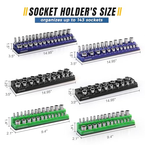 Magnetic Socket Organizer, 143-Socket Holder Tray Set| Strong Base | 3-Color Coded Tool Box Drawer Storage for 1/4", 3/8", 1/2" Drive (Metric/SAE), Non-Scratch Rubber Coated(Socket not Include)