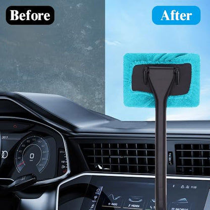 Car Window Cleaner, Car Windshield Cleaner Tool, Windshield Cleaner Inside with Extendable Handle and 4PCS Washable Reusable Cloth Pad, Car Tools Universal Auto Wiper Cleaning - color: Light blue