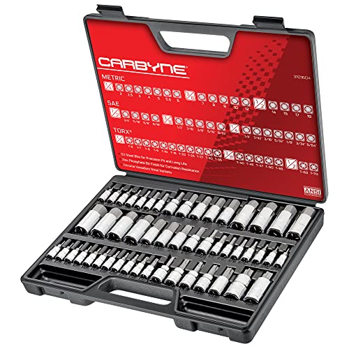 CARBYNE 50-Piece Master Torx and Allen Bit Socket Set S2 Steel SAE and Metric Hex and Star Bit Sockets 1/4 in 3/8 in and 1/2 in Drive Torx T6 to T70 for Automotive and Motorcycle Repair - size: 50 Piece
