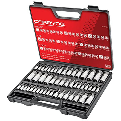 CARBYNE 50-Piece Master Torx and Allen Bit Socket Set S2 Steel SAE and Metric Hex and Star Bit Sockets 1/4 in 3/8 in and 1/2 in Drive Torx T6 to T70 for Automotive and Motorcycle Repair - size: 50 Piece