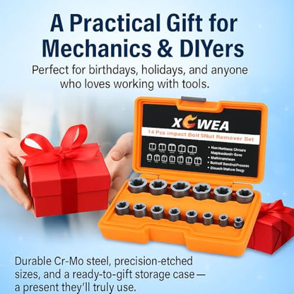 XEWEA Professional 14PCS Bolt Extractor Set, 3/8" Drive Impact Stripped Bolt Remover Socket Set for Removing Damaged Broken Rounded Off Bolt & Nut, Impact Grade Cr-Mo Steel with Case - size: 14PCS