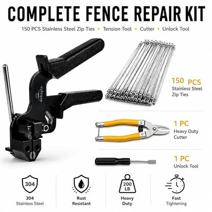 Heavy Duty Stainless Steel Cable Tie Gun Kit – 150 PCS 11.8” Metal Zip Ties with Tensioning & Flush Cutting Tool for Fence Repair, Exhaust & Outdoor Use