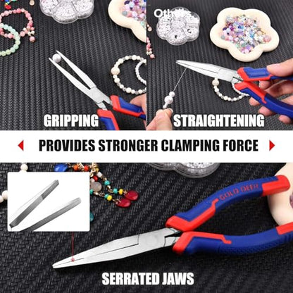 7 Inch Long Flat Nose Pliers with Serrated Jaw Extended Head Duckbill Pliers Clamping Bending Precision Jewelry Making Hand Tools Beading Hobby Work Craft Supplies TPR Handle - style: Serrated Jaws