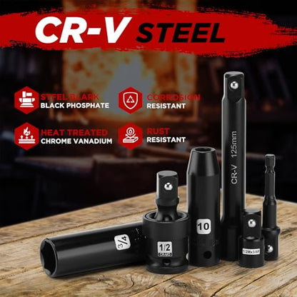 Mayouko 1/2" Drive Impact Deep Socket Set, SAE (3/8 to 1 inch) and Metric (10-24mm) Sizes with 3", 5", 10" Extension Bars, CR-V Steel, Complete Impact Wrench Socket