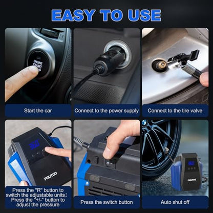 PULITUO 12V DC Tire Inflator - Portable Air Compressor 35L/min, 150 PSI Car Tire Pump with Auto Shut Off, Digital Pressure Gauge and LED Light, Blue