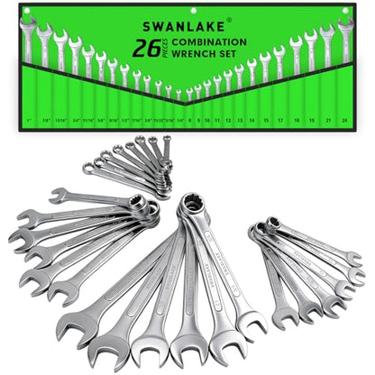 SWANLAKE GARDEN TOOLS 26-Piece Combination Wrench Set with Roll-up Pouch, SAE 1/4” - 1”, Metric 8mm - 24mm, Perfect for General Household, Garage, Auto Repairs and Travel Emergency - style: 26PCS Metric&SAE
