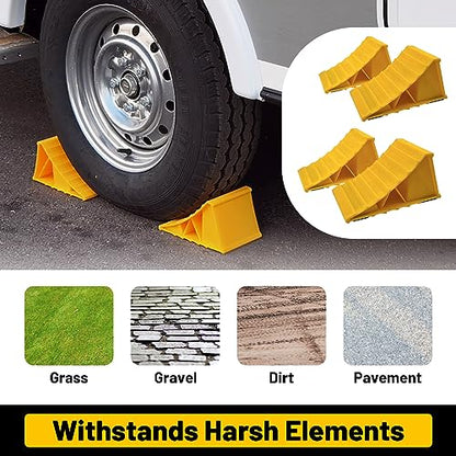 HOXWELL 2 Pairs Wheel Chocks for Travel Trailers, Non Slip Heavy Duty Yellow Wheel Chock, Lightweight Wheel Stoppers for Cars Camper Trucks RVs, Easy to Carry & Suitable for Most Tyre Sizes