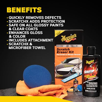 Meguiar's Quik Eraser Kit, Car Scratch Remover for Repairing Surface Blemishes, Car Scratch Repair Kit with ScratchX, Drill-Mounted Pad, and Microfiber Towel, 3 Count