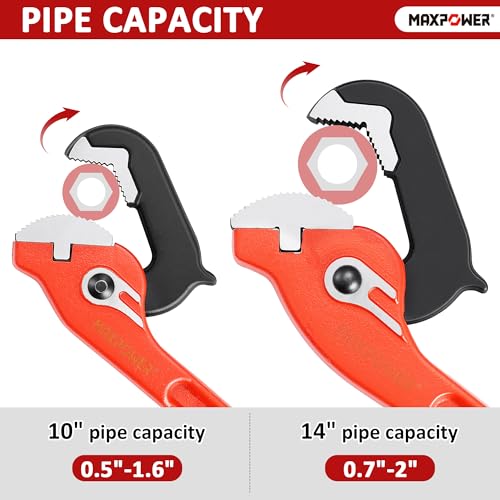 MAXPOWER 10"&14" Pipe Wrenches, 2-Piece Self-Adjusting Pipe Wrench, Rapid Grip Quick Self-Adjust Plumbing Wrench for Household Maintenance - size: 10"&14"
