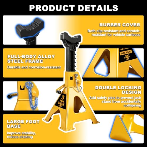 Jack Stands 3 Ton (6,600 LBs) with Double Pin Locking,Rubber Cover and Large Foot Base,12-17In Adjustable Height Heavy Duty Jack Stands,Lifting Car,SUV,MPV,Pickup Truck,ATV/UTV,1 Pair Yellow - color: yellow, size: 3Ton Load Capacity