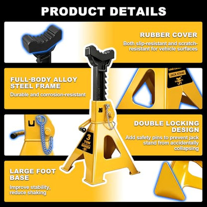 Jack Stands 3 Ton (6,600 LBs) with Double Pin Locking,Rubber Cover and Large Foot Base,12-17In Adjustable Height Heavy Duty Jack Stands,Lifting Car,SUV,MPV,Pickup Truck,ATV/UTV,1 Pair Yellow - color: yellow, size: 3Ton Load Capacity