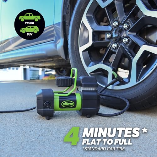Slime 40045 Home Tire Inflator, Wall Mounted 120V, SUV, 4x4 Air Compressor, Heavy Duty, 2X Pro Power, with Analog 100 psi Dial Gauge, Long Hose and LED Light, 4 min Inflation - style: Pro Power, Wall Mounted