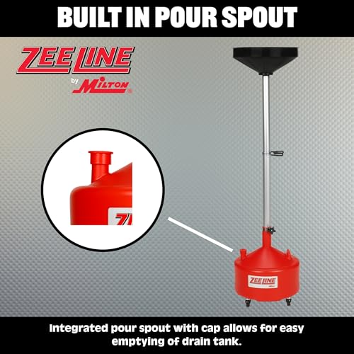 ZEELINE BY MILTON ZE8DC 8-Gallon Poly Oil Drain, Adjustable Height 48-71 in., Rolling Waste Oil Drain with Funnel Screen, 4 Swivel Casters for Oil, Coolant & Transmission Fluid