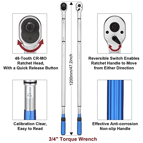 BULLTOOLS 3/4-Inch Drive Click Torque Wrench, 48-tooth High Accuracy Torque Wrench Set with a Hex Key 100-600ft.lb / 135-815Nm 1-Piece