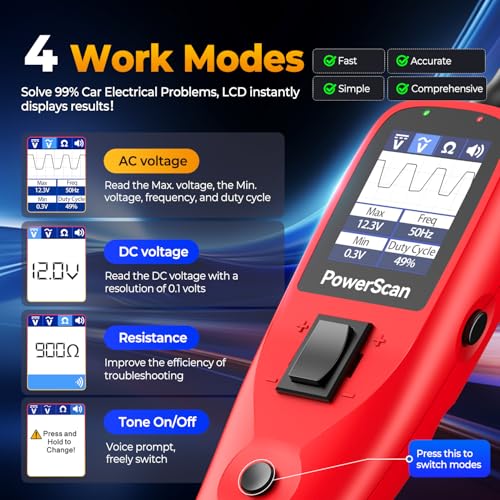 Autel PowerScan PS100 Automotive Circuit Tester 2.0, 12-24V Power Circuit Probe Tool, Electrical Short Open Circuit Finder, AC/DC/Resistance/Component/Signal/Test Light Automotive, 20ft Extension Cord