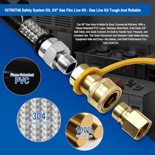 1675KIT48 Safety System Kit, 48" Commercial Gas Hose Connector Kit with 3/4" Quick Disconnect, Flexible Gas Line Hose, Gas Valve & Restraining Cable for Moveable Commercial Kitchen Equipment.