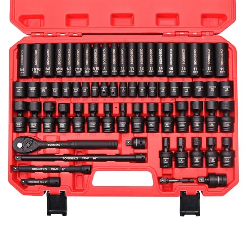 3/8" Drive Impact Socket Set, 67-Piece Standard Metric & SAE 6 Point CR-V Steel Sockets,Includes Extension Bars, 20-Piece Swivel Sockets, Universal Joint, Ratchet Handle and Adapter - size: 67 PCS, 3/8" Socket set, Metric & SAE & Swivel