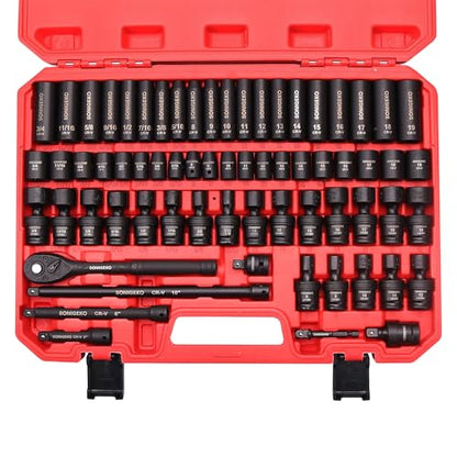 67-Piece 3/8" Drive Impact Socket Set,SAE 5/16"-3/4" & Metric 8-19mm | 6 Point CR-V Steel Sockets,Extension Bars ,20-Piece CR-MO Swivel Sockets, Universal Joint, Ratchet Handle and Adapter - size: 67 PCS, 3/8" Socket set, Metric & SAE & Swivel