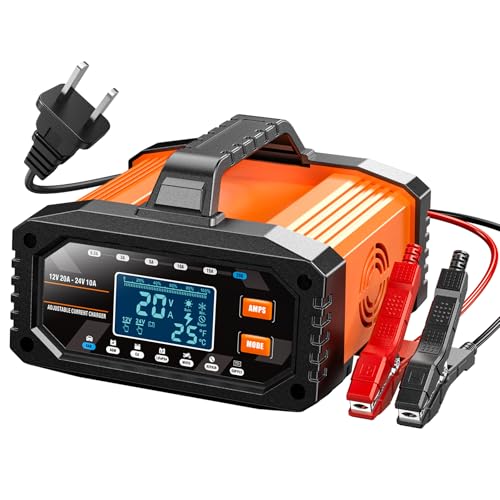 Car Battery Charger 20A 12V/24V Adjustable Current 0.5A-20A LiFePO4 Lead Acid Fully Automatic Battery Maintainer, Smart Trickle Charger with Pulse Repair, Winter Mode, for AGM Gel Deep Cycle Batteries