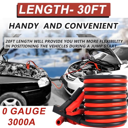 Heavy Duty Jumper Cables, 0 Gauge 30FT Automotive Booster Jumper Cable for Car, SUV,Vans &Truck Battery, Jumper Cable with Strong Clamps & Thiekened Inner Core, Carry Bag and Gloves Included - size: 0 Gauge - 30FT
